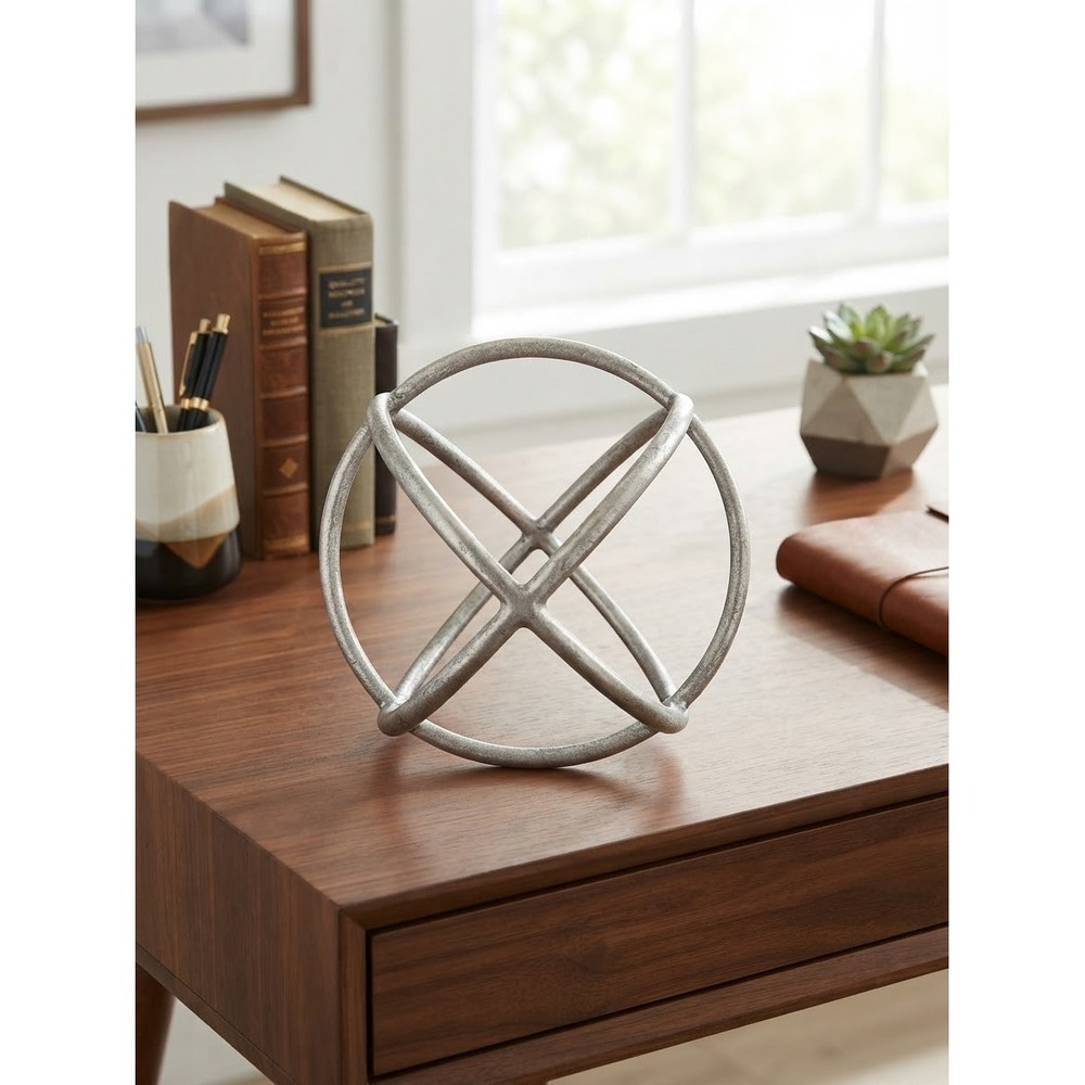 Decorative Metal Armillary Sphere Silver Orb Sculpture Home Decor